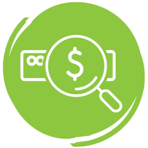 Icon of computer hardware with a magnifying glass and a $