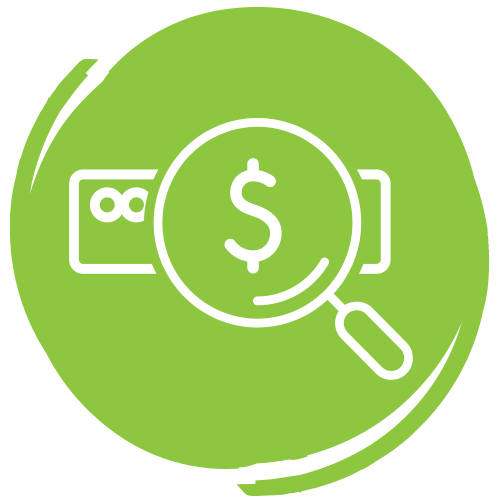 ITAD-cost-offset-icon Icon of computer hardware with a magnifying glass and a $